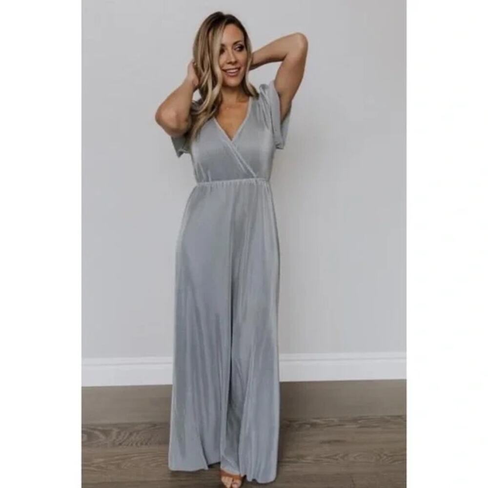 Baltic Born Dress Womens Large Athena Rain Blue Micropleat Gown V-Neck Flutter